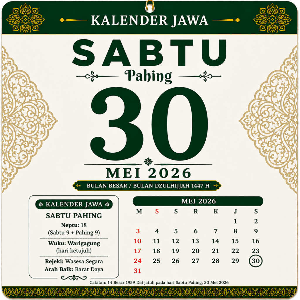 Tanggalan Jawa Hari Ini 30 Mei 2026