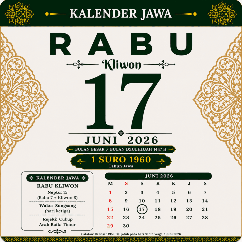 Tanggalan Jawa Hari Ini 17 Juni 2026