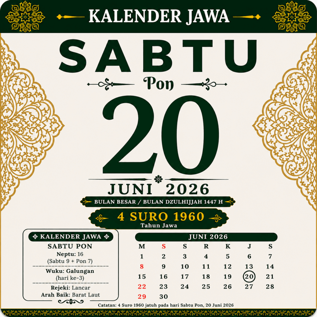 Tanggalan Jawa Hari Ini 20 Juni 2026