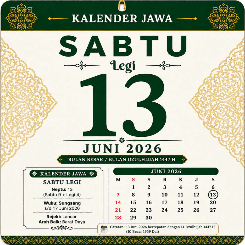 tanggalan jawa hari ini 13 juni 2026