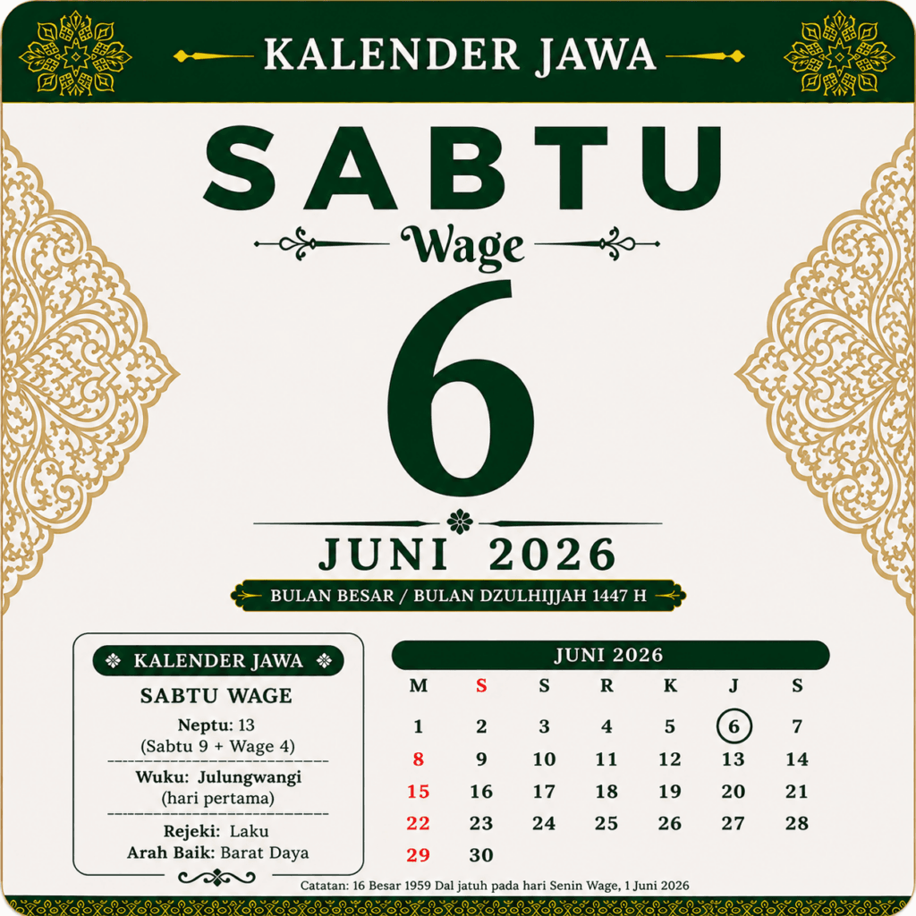 tanggalan jawa hari ini 6 juni 2026