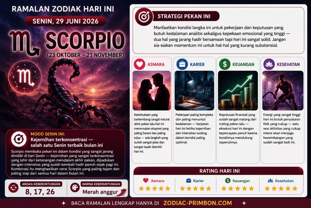 zodiak scorpio hari ini senin 29 juni 2026